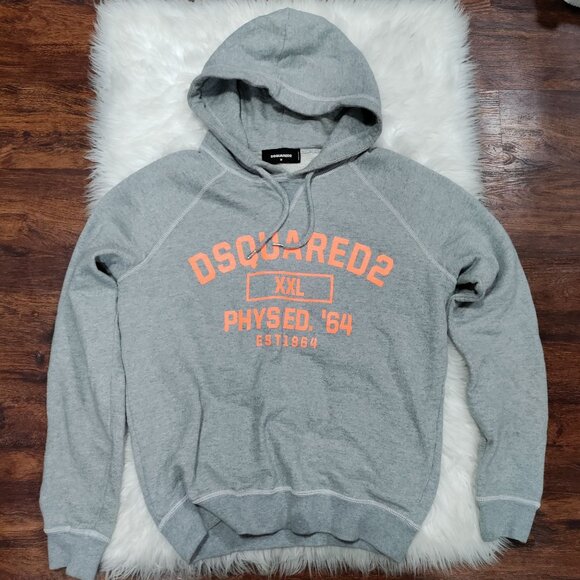 DSquared2 Gray Varsity Logo Phys Ed. '64 Hooded Pullover Sweatshirt Men's Medium - Picture 2 of 12